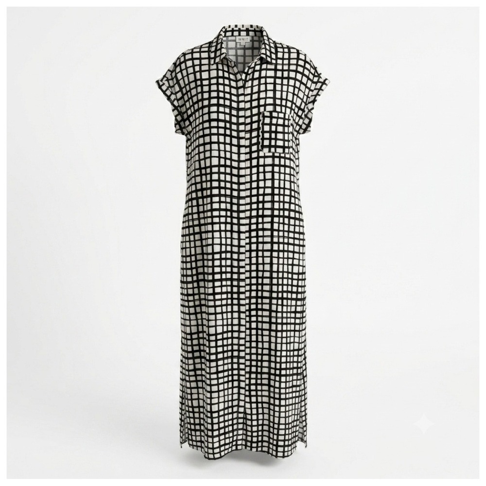 WHIT Sutton Shirt Dress Silk Black White Grid Print Maxi Short Sleeve Size M‎